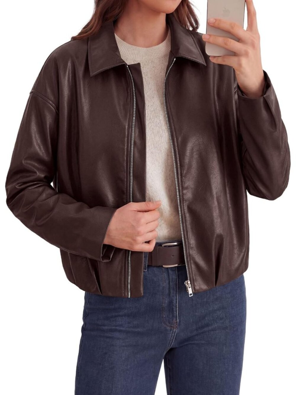 Women's Dark Brown Faux Leather Motorcycle Jacket Cropped Zip Up Collared Coat